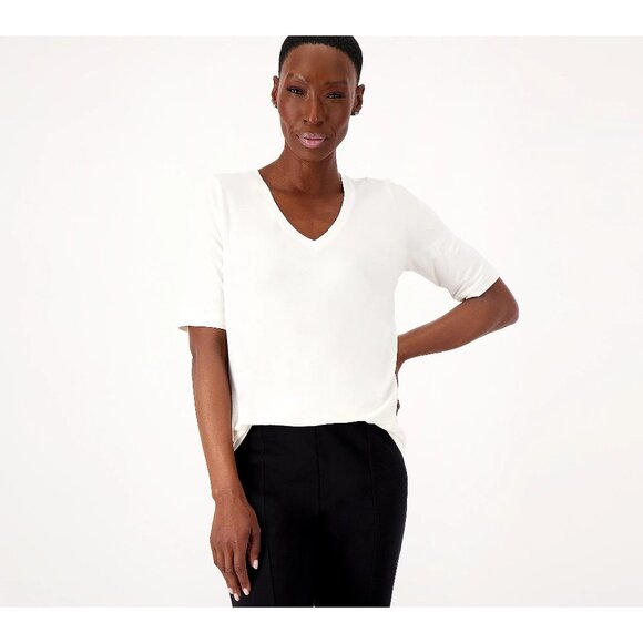 Day2Day by Duette NYC Regular Elbow Sleeve V Neck Top Womens XS Ivory Cream NEW - Picture 1 of 6